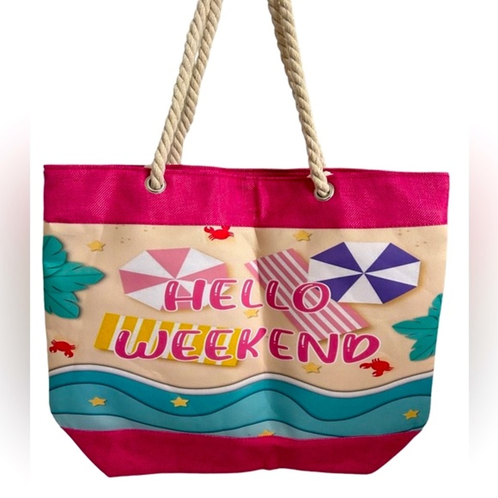 •NWT Cindy Claire Beach Bag Tote "Hello Weekend” Rope Handle Zipper Closure